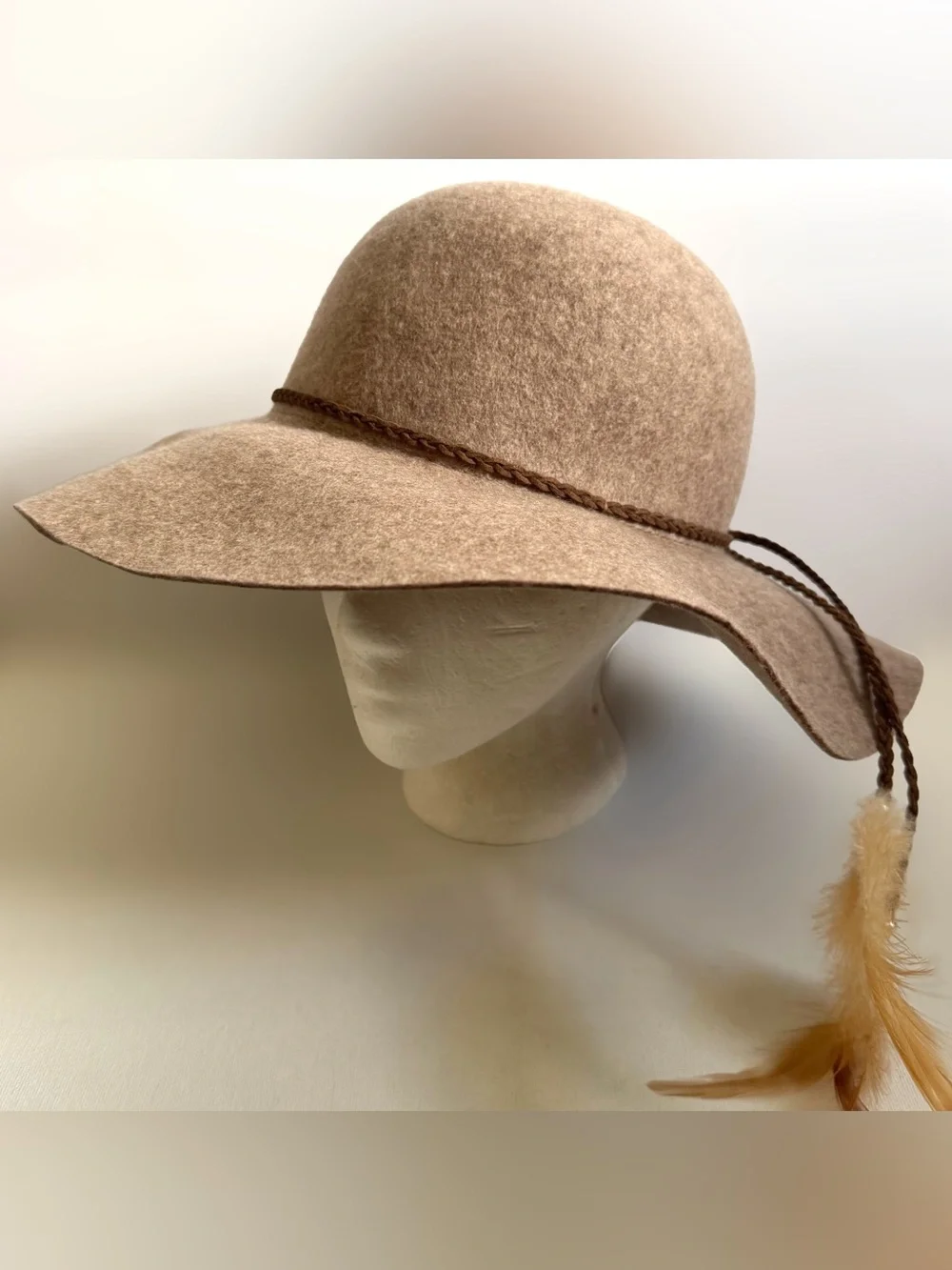 NWT American Eagle Wool Felt Wide Brim Hat Boho Rancher Western OS Feather Cord